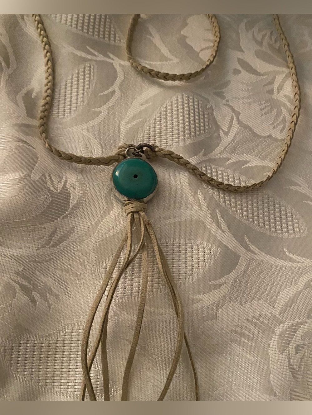 34” Necklace Faux Turquoise Round Stone Fringe Pendant Braided Rope Western Boho